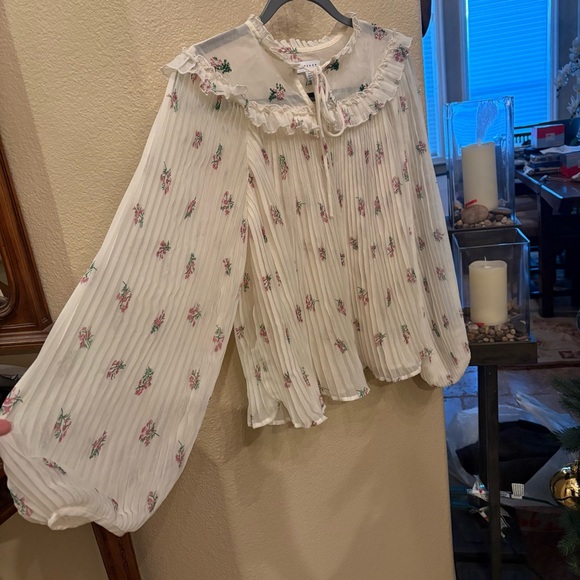 TOPSHOP Women Pleated Floral Ruffle Cottagecore Prairie Boho Blouse Size 4 - Picture 3 of 7